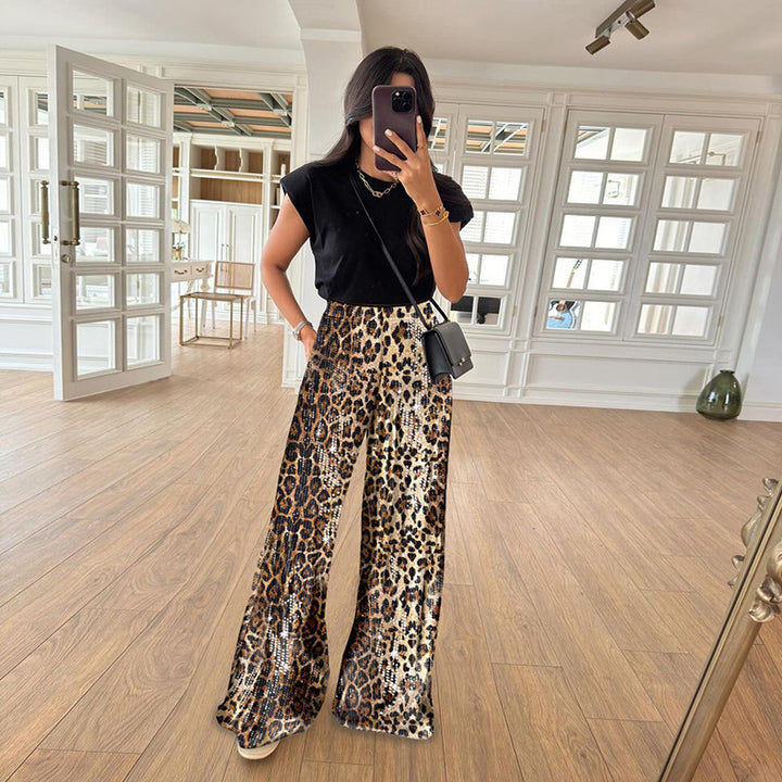 Dame Bred Leopard-Print Bukser med elastisk linning og funkende detaljer Stilla