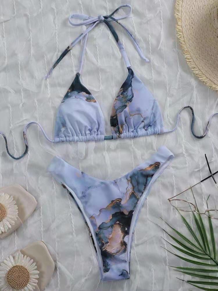 Dame justerbart Triangle-Bikini-sæt med kunstnerisk tryk Stilla