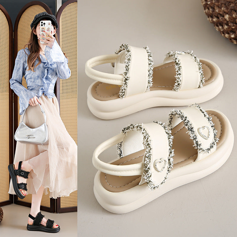 Femme Komfort Chunky Sål Slide Sandaler med Hjerteaccenter Stilla