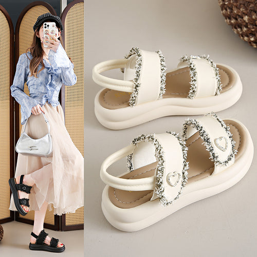 Femme Komfort Chunky Sål Slide Sandaler med Hjerteaccenter Stilla