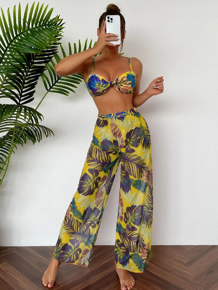 Dame Bikini-sæt med blomsterdesign og gennemsigtig overkjole Skovae