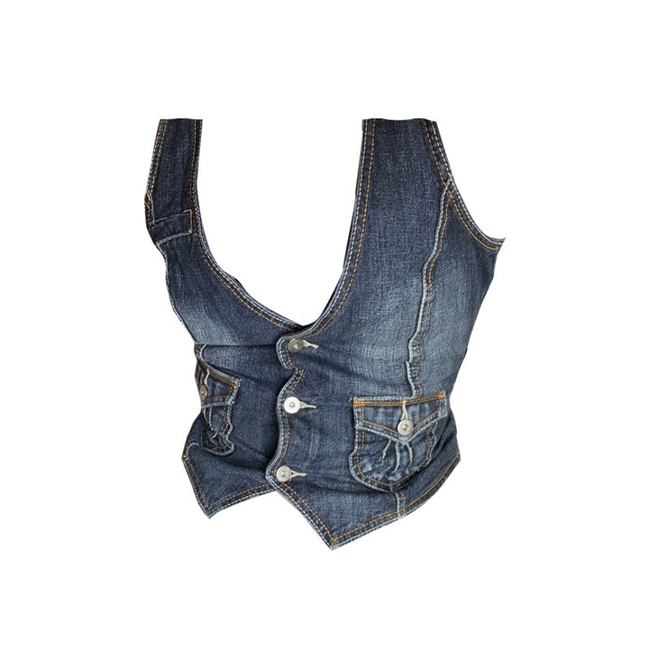 Dame denim-bustierjakke med nostalgisk spidseindsats og dekorative knapdetaljer Skovae