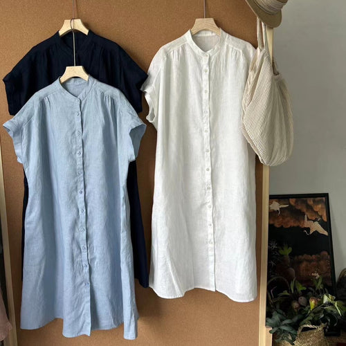 Dame Relaxed Fit Linned Knapliste Tunika Skjorte Stilla