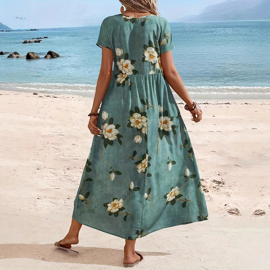 Dame maxikjole med blomstret design og elastisk taljebånd Stilla