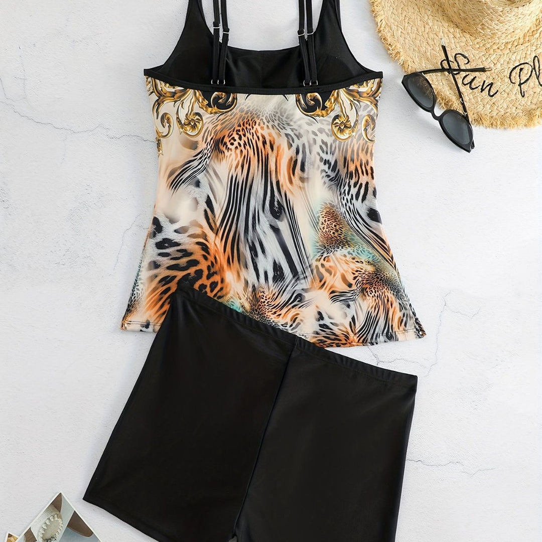 Dame Sportsligt Tankini-sæt med moderne Animal-Print og Boxershorts Skovae