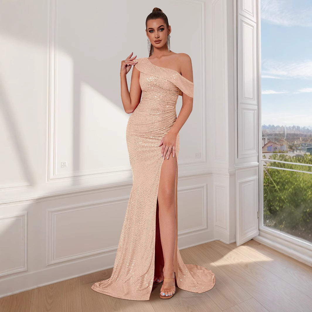 Damer Elegant Off-Shoulder Aftenkjole med Funklende Pailletter og Høj Slids Stilla