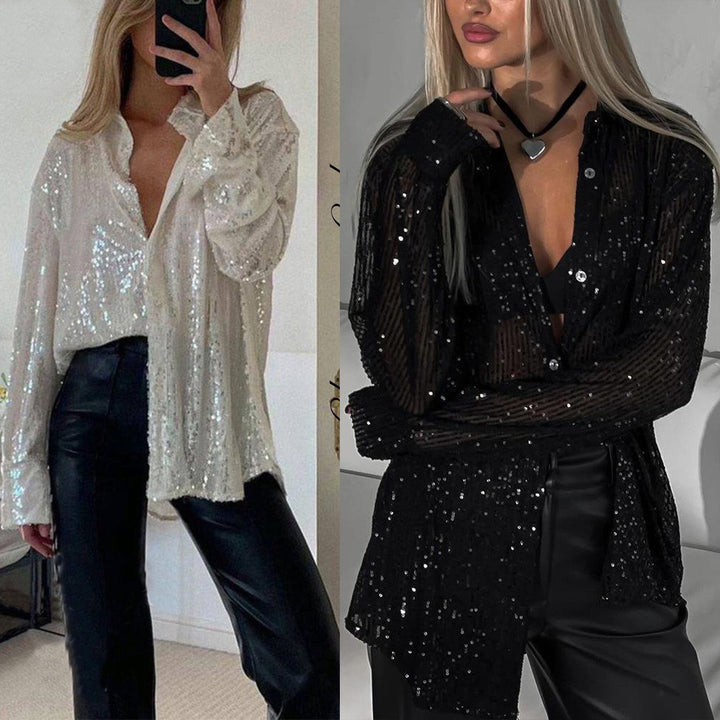 Damer Glitrende Bluse med Skinnende Tekstur og Casual Snit Skovae