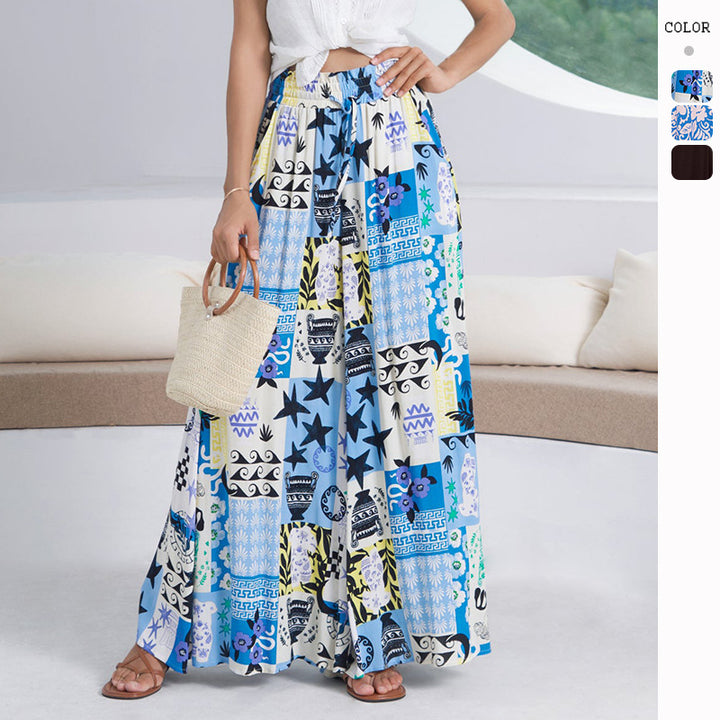 Kvinders Lange Maxi Kjole med Farverigt Geometrisk Print og Høje Side Slidsninger Stilla