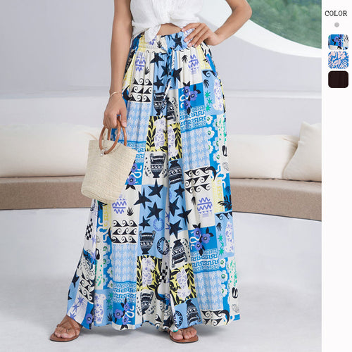 Kvinders Lange Maxi Kjole med Farverigt Geometrisk Print og Høje Side Slidsninger Stilla
