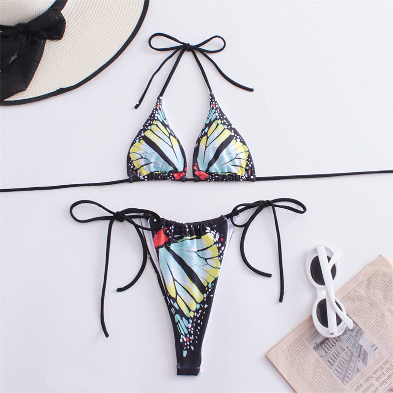 Dame triangel-bikini med sommerfugle-design og justerbare bånd Skovae