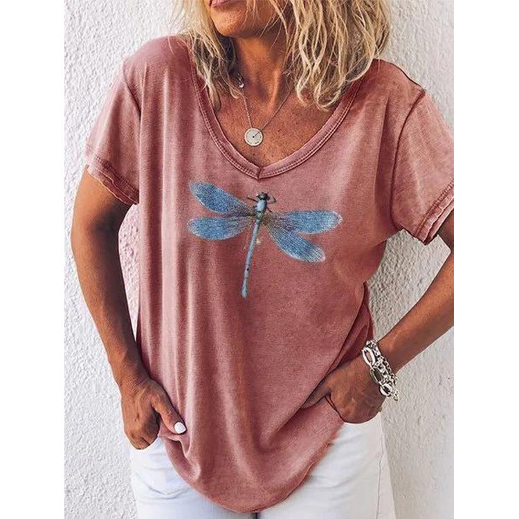 Damer V-hals grafik T-shirt med libelle-design Stilla