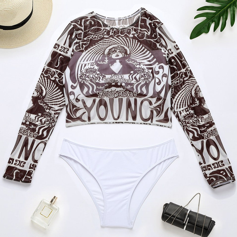 Dame Sporty Crop-Top med lange ærmer og elegant print Skovae