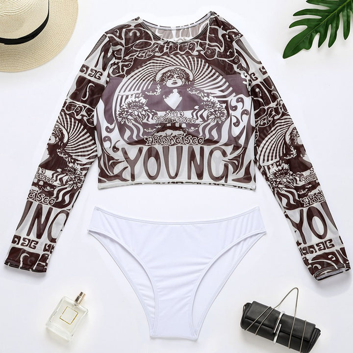 Dame Sporty Crop-Top med lange ærmer og elegant print Skovae