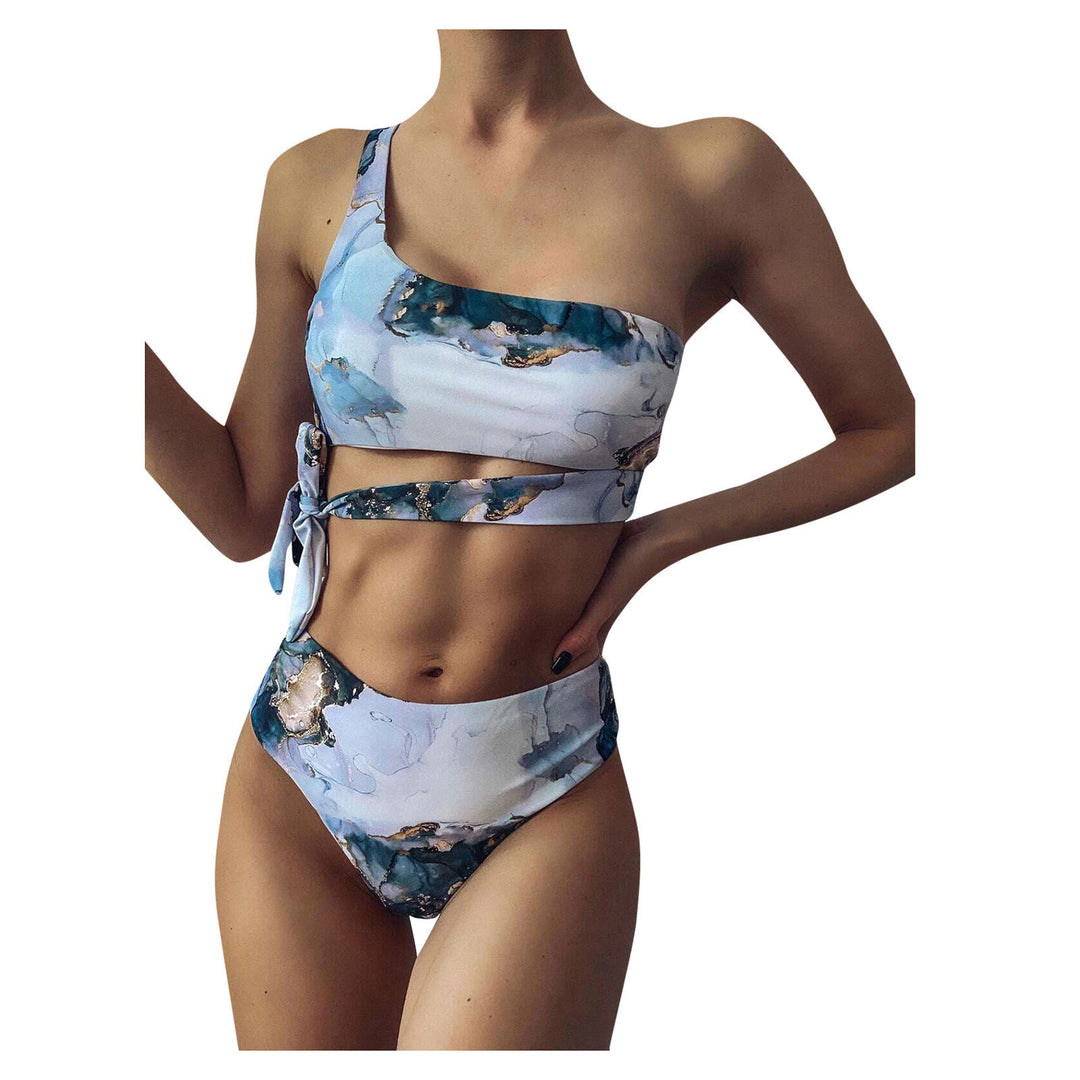 Dame Højt skåret bikini-sæt med stilfuldt marmorprint Skovae