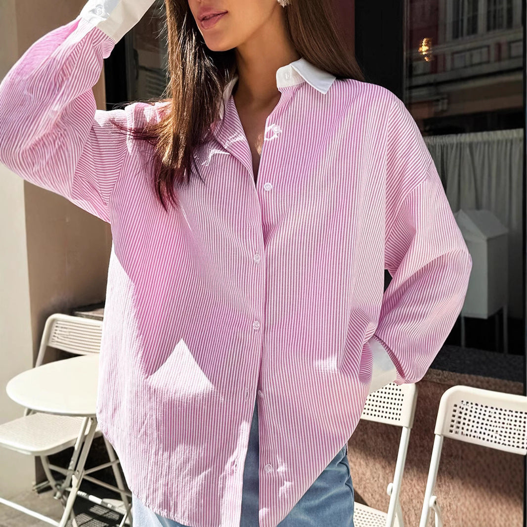 Dame Oversized Skjorte med Knude og Stribet Design Stilla