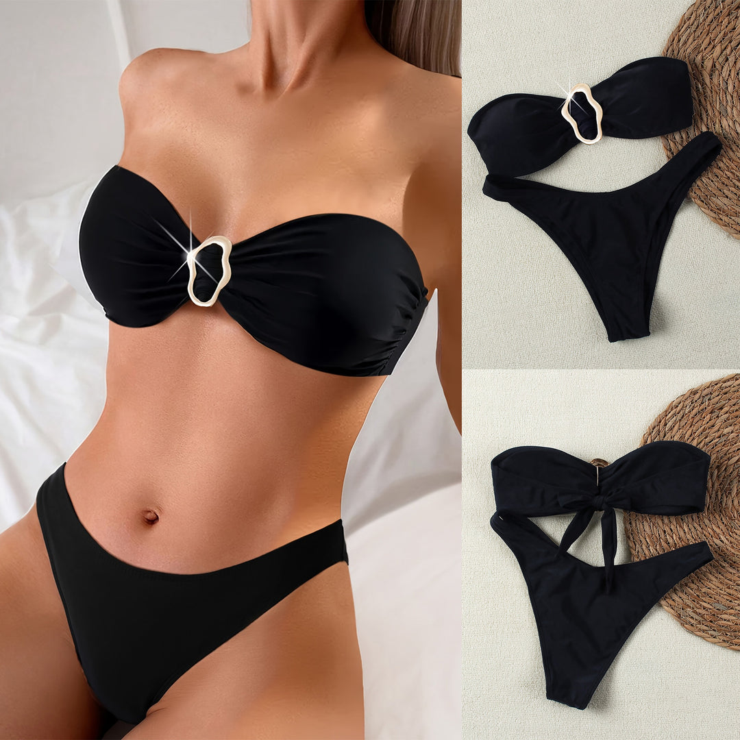 Dame Bandeau-bikini med dekorativ ringdetalje og figursyet høj talje trusse Stilla