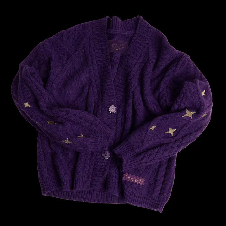 Dame strikjakke i vintage-stil med struktureret design og stjerneapplikationer Stilla