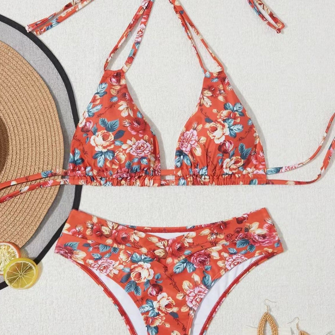 Femme Justerbart Bindebånd Blomsterdesign Bikini-Sæt Stilla