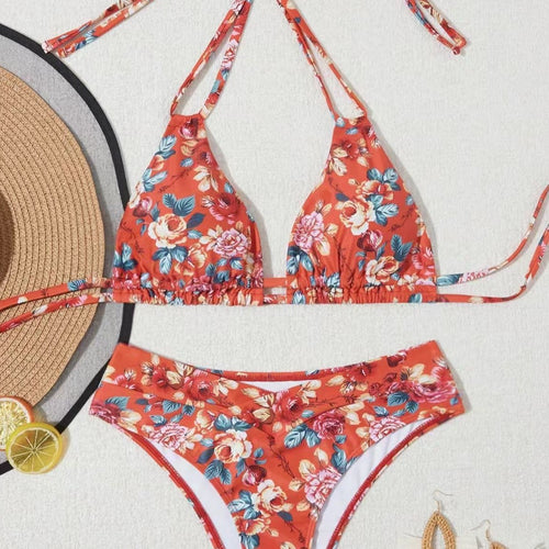 Femme Justerbart Bindebånd Blomsterdesign Bikini-Sæt Stilla