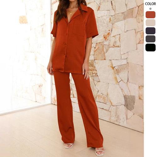 Dame Satin Pyjamas Sæt med Elegant Kortærmet Bluse og Løse Bukser Stilla