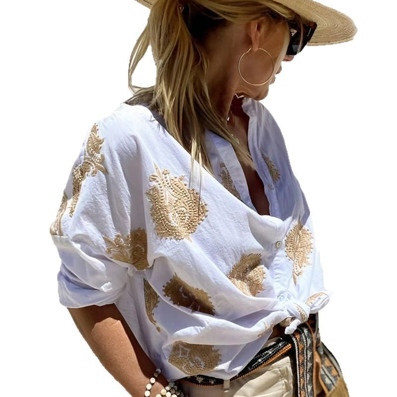 Dame nan Oversize skjorte med knude front og Paisley broderi Skovae