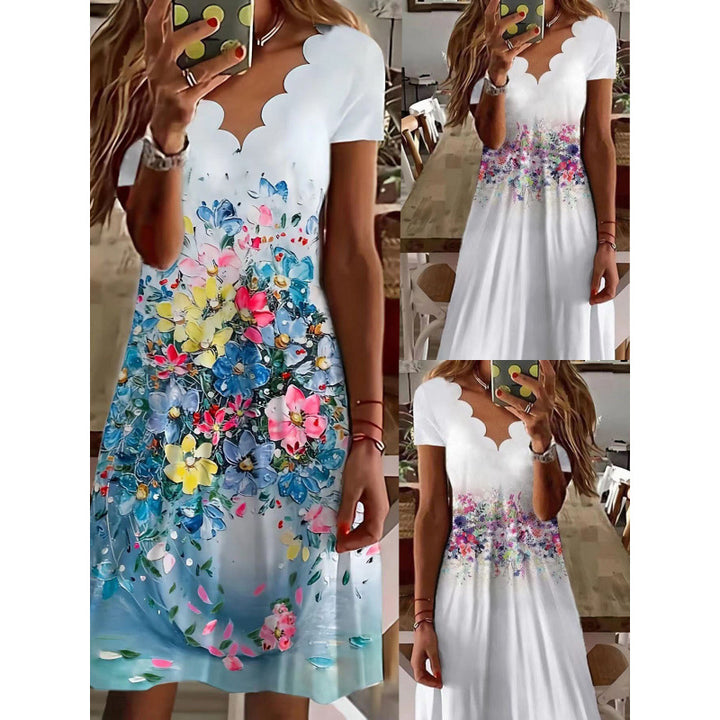 Dame Bølge-Udskæring Floral-Print A-Linie-Kjole Stilla