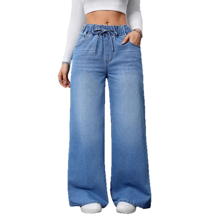 Dame bred jeans med elastisk linning og sideskuffer Stilla