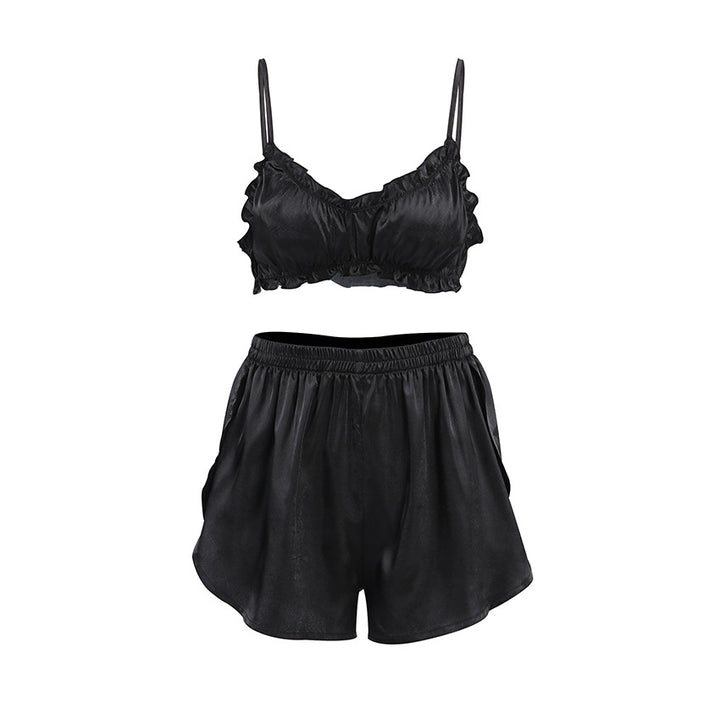 Dame Cropped Top og Shorts Sæt med elastisk talje og fine rynkedetaljer Stilla