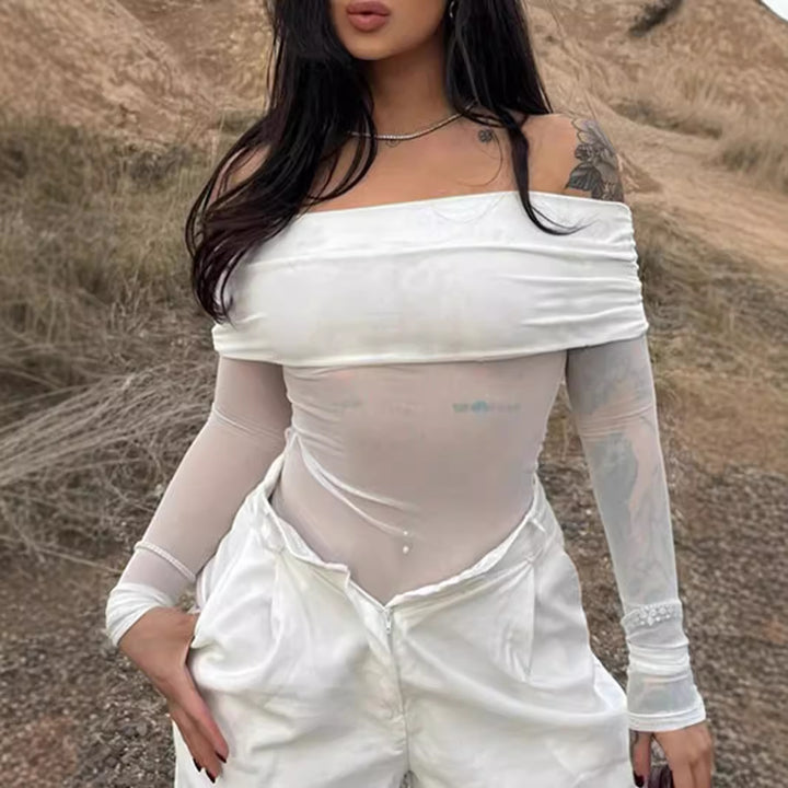 Dame Off-Shoulder Langærmet Bodystocking med transparente accenter Skovae