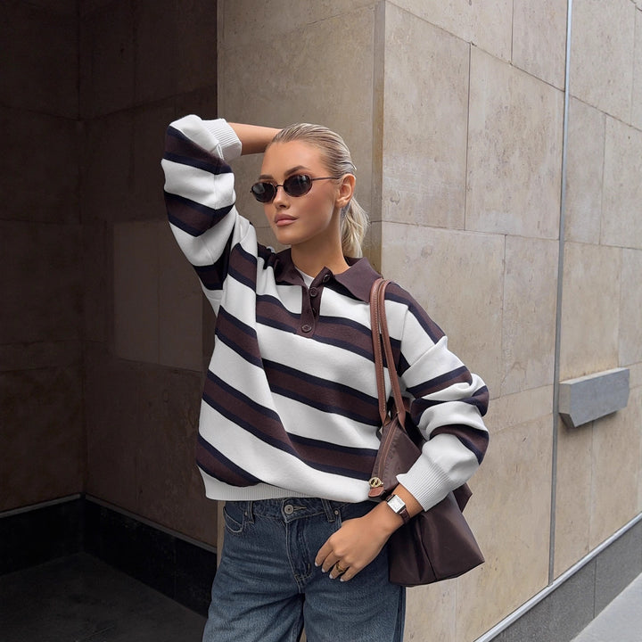 Dame sweatshirt med stribemønster og knapliste Stilla