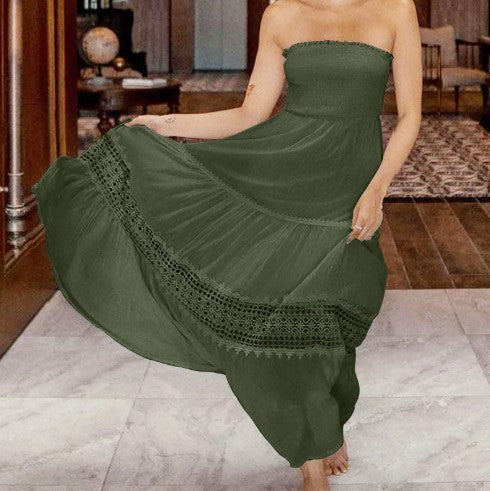 Dame strapless maxikjole med elegant blondedekor Stilla
