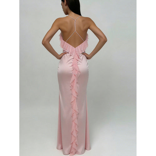 Damen Maxi-Kleid mit eleganten Rüschendetails und tiefem Rückenausschnitt Skovae