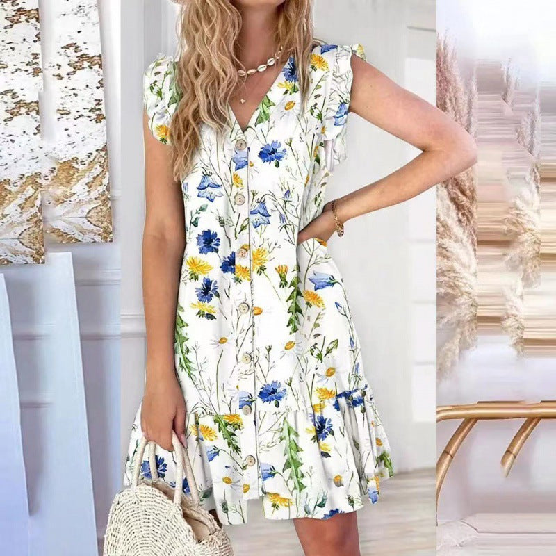 Dame afslappet Button-Down sommerkjole med flæseærmer Stilla