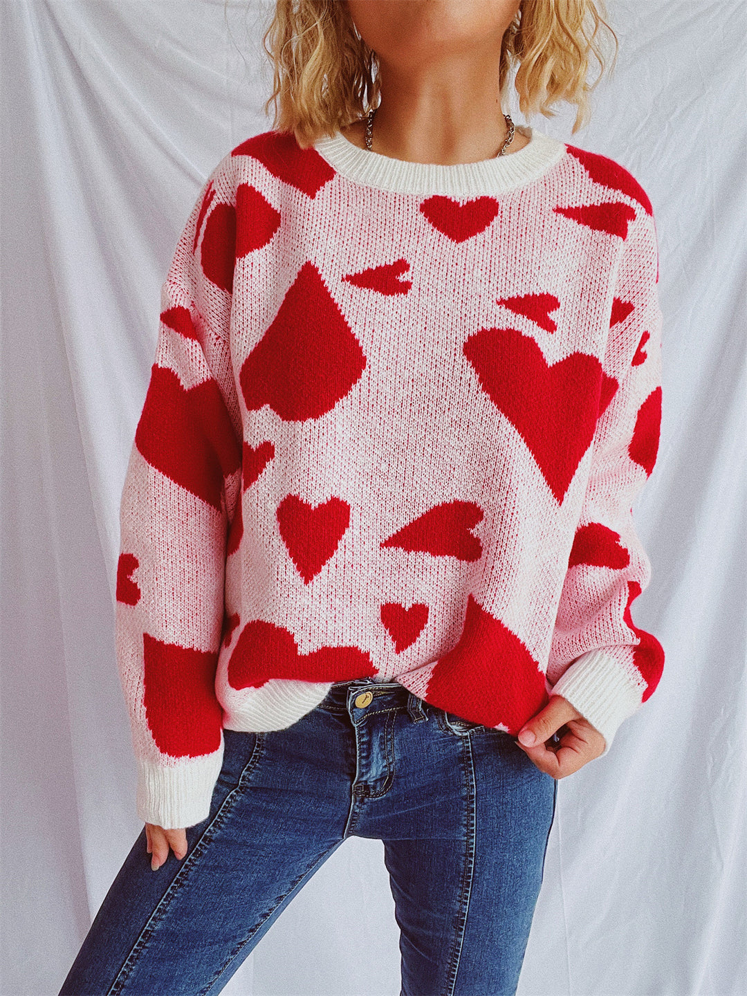 Kvinders løse sweater med hjerte mønster og bred skæring Stilla