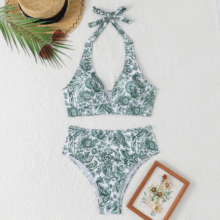 Dame Høj talje Bikini-sæt med blomsterdesign og legende halter top Skovae