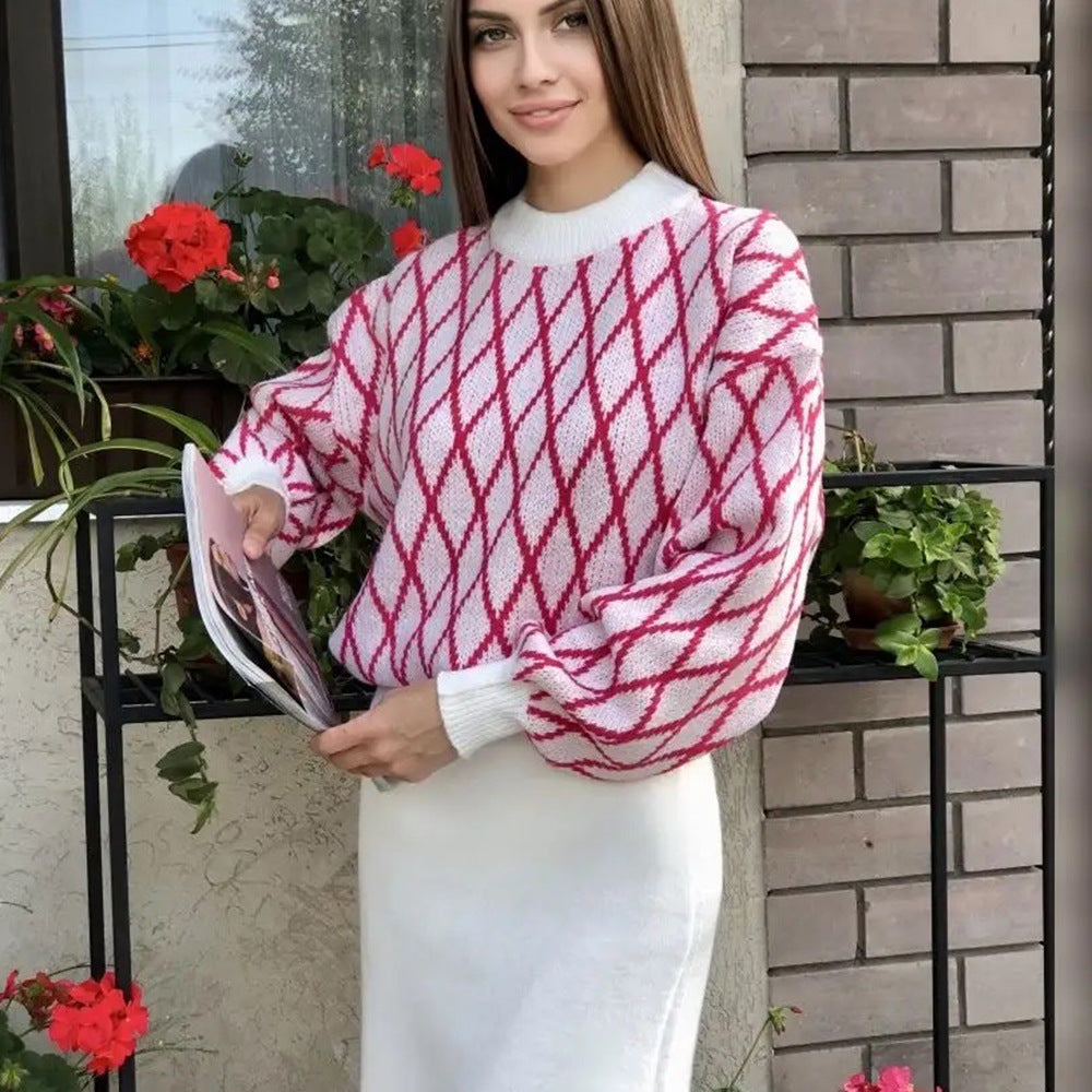 Femme Artistic Diamond Pattern Strikpullover Stilla