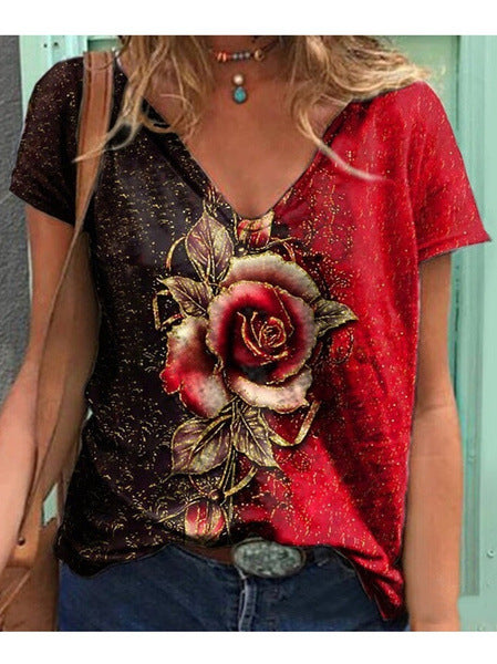 Dame Kunstnerisk Blomster Grafik V-Udsnit T-Shirt Stilla