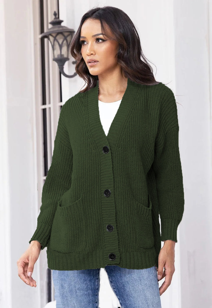 Kvindernes chunky strik cardigan med store lommer og klassisk V-hals Stilla