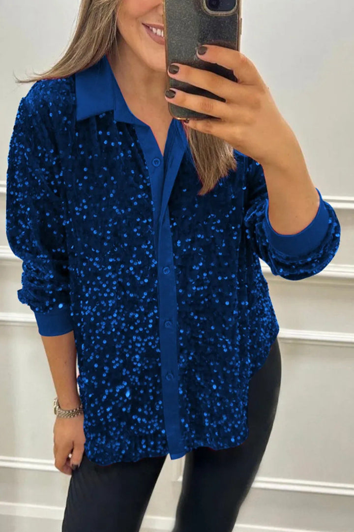 Dame glamourøs pailletbluse med klassisk krave og lange ærmer Stilla