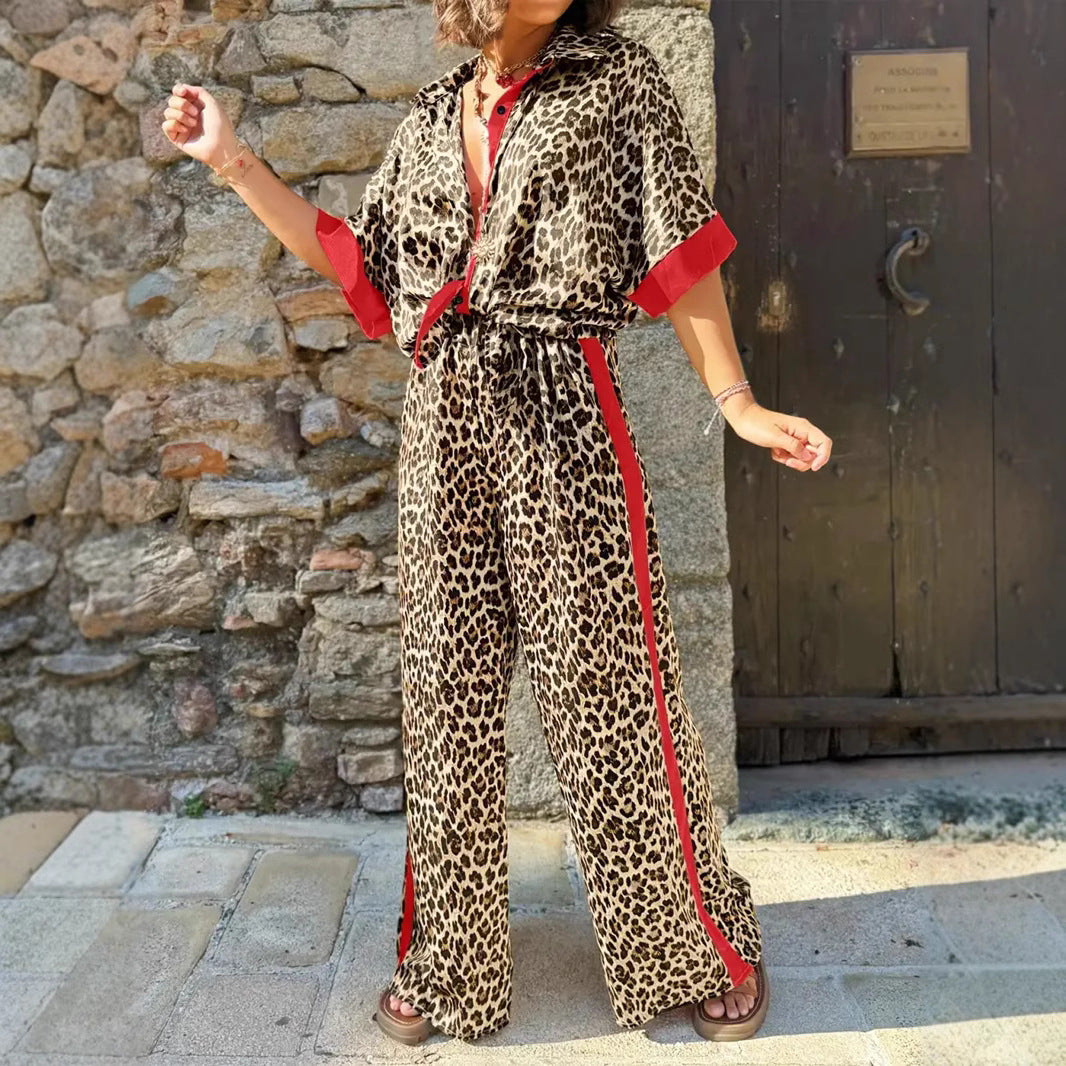 Dame Casual sæt med leopardmønster og elastisk talje Stilla