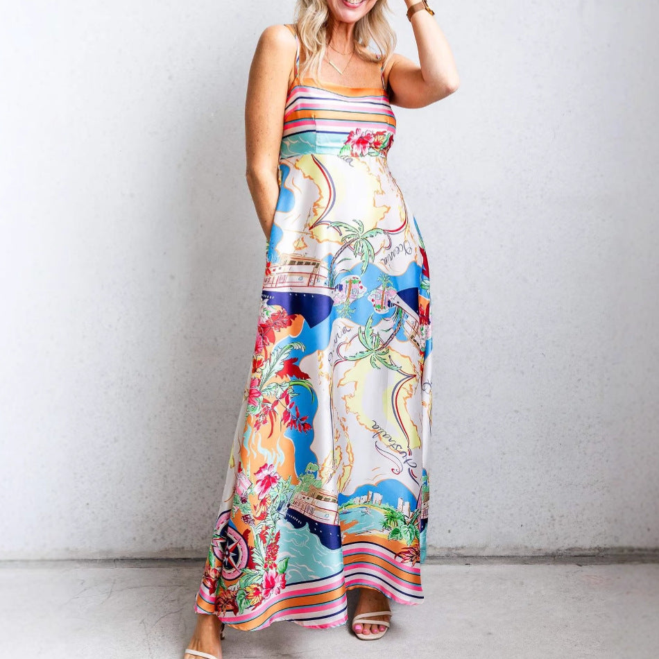 Dame Maxi-kjole med livligt multicolor-print og smalle stropper Stilla