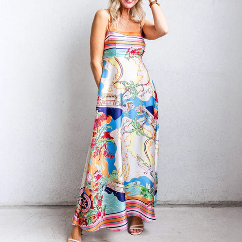 Dame Maxi-kjole med livligt multicolor-print og smalle stropper Stilla