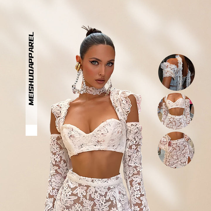 Damer Blonde Crop Top og Nederdel Sæt med Gennemsigtige Detaljer Skovae