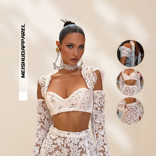 Damer Blonde Crop Top og Nederdel Sæt med Gennemsigtige Detaljer Skovae