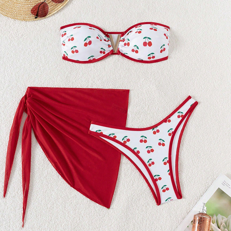 Dame Bikini-sæt med frugtagtigt mønster og stilfuld omslagsskjorte Stilla