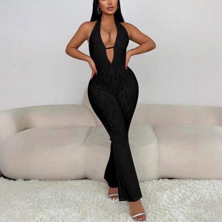 Dame elegant jumpsuit med dyb V-udskæring og spidsedetaljer Skovae