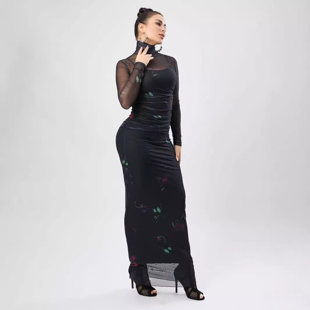 Dame Elegant Maxikjole med transparente ærmer og floraltryk Stilla