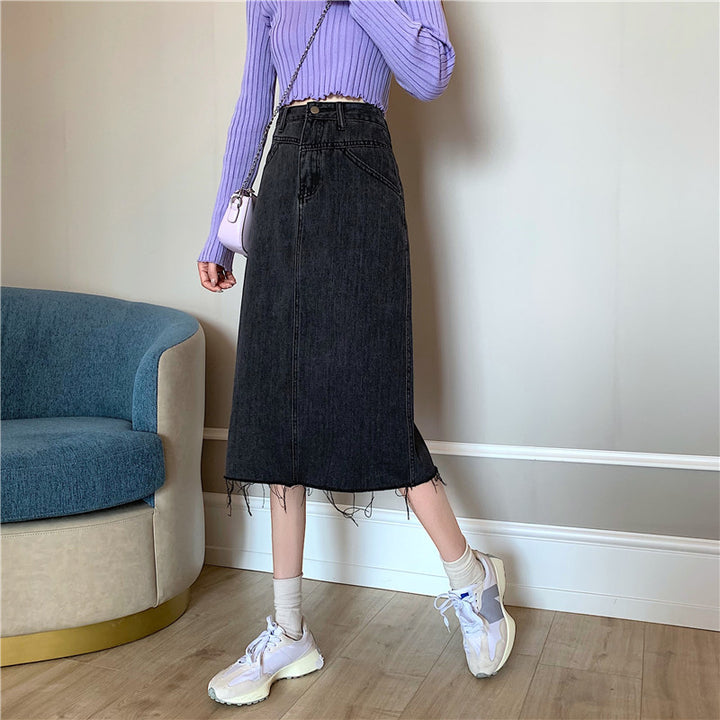 Dame Midi Denim Nederdel med Uregelmæssig Kant Stilla