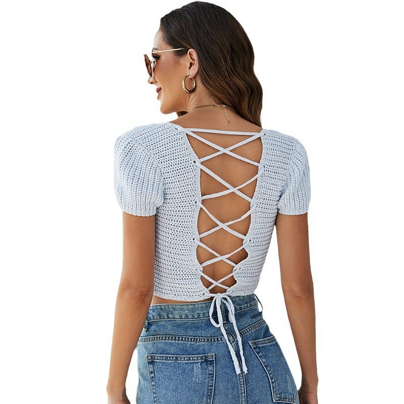 Damer strikket Crop-Top med delikat hulmønster Stilla