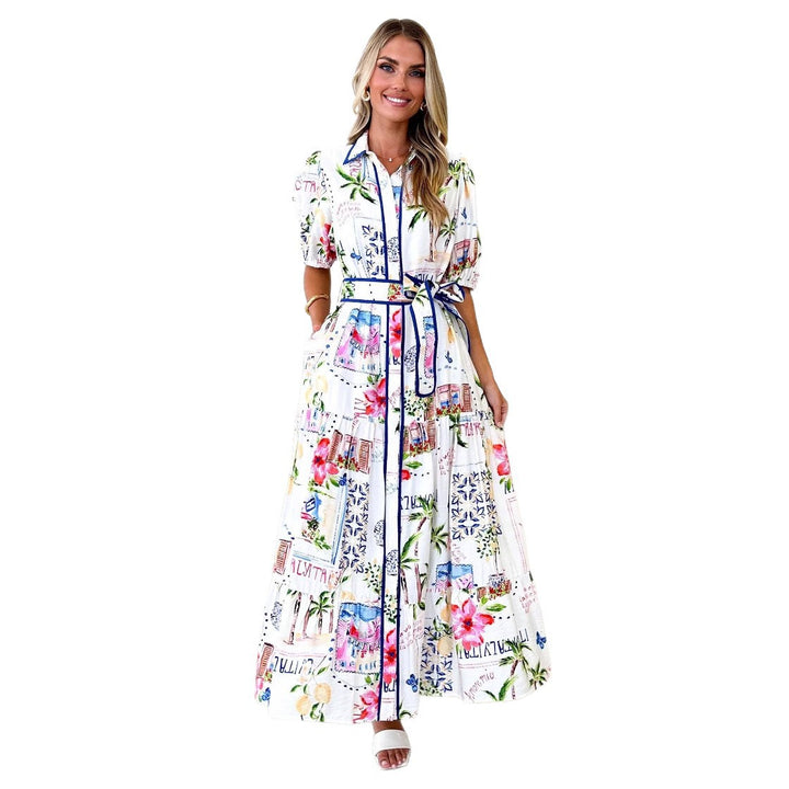 Dame luftige maxikjoler med blomster grafisk design og praktiske lommer